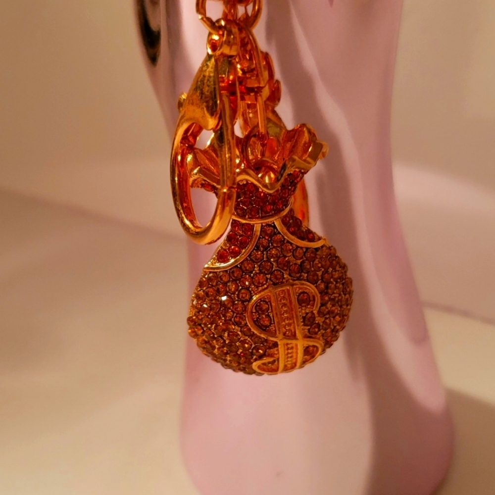 Elegant Gold Money Bag key chain or Pink, purse charm.